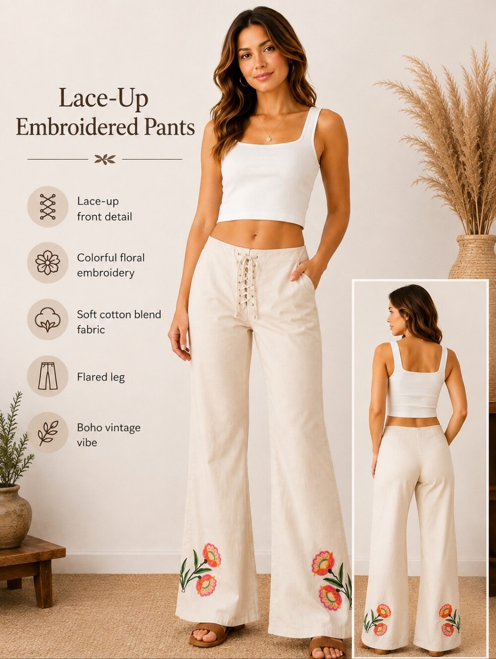 Boho White Floral Embroidered Pants Lace-Up Front Wide Leg Hippie Boho Size S